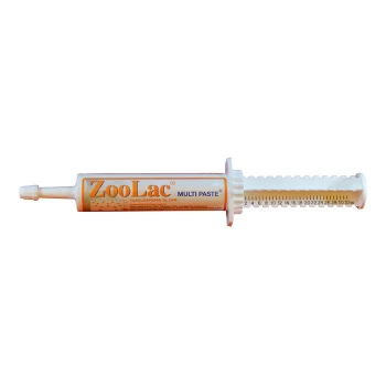 ZooLac Multi Paste Tube für Haustiere, mit einer Dosierskala und orangefarbenem Branding, entworfen für die Nährstoffunterstützung.