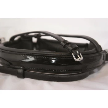 Schwarze Lackleder-Haustiertrage mit verstellbaren Riemen und silberner Schnalle, die auf einer weißen Oberfläche ruht.