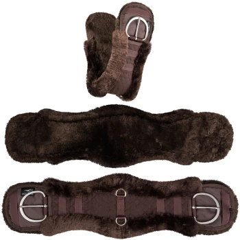 Brauner, fleecegefütterter Pferdegurt mit Metallverschlüssen, in drei Abschnitten präsentiert, zeigt seine weiche Textur und langlebiges Design.