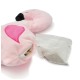 Un jouet flamant rose en peluche avec un design en cœur, partiellement ouvert pour révéler un petit sac d'herbe à chat à l'intérieur.