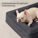 Cremefarbene Französische Bulldogge schläft auf einem dunkelgrauen, gepolsterten Haustierbett; deutscher Text „Erhöhte Ränder für optimale Unterstützung“ und orange Pfeile.