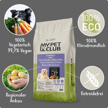 Eine "My Pet Club"-Tüte mit vegetarischem Tierfutter mit Hundedesign, mit Süßkartoffeln, Erbsen, Leinsamen und als getreidefrei gekennzeichnet.