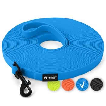 Blaue REAVET Professional Hundeleine mit schwarzem Clip, aufgewickelt gezeigt mit Farboptionen in grün, orange, blau und schwarz.
