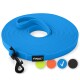 Blaue REAVET Professional Hundeleine mit schwarzem Clip, aufgewickelt gezeigt mit Farboptionen in grün, orange, blau und schwarz.