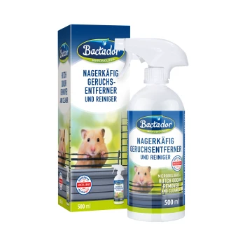 Bactador Mikrobiologie Hamstergeruchsentferner und Reinigersprayflasche, 500 ml, mit einem niedlichen Hamsterbild auf dem Etikett.