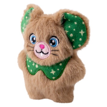 Plush brown mouse dog toy with blue eyes, pink nose, and green ears and collar with white star patterns.
