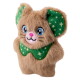 Plush brown mouse dog toy with blue eyes, pink nose, and green ears and collar with white star patterns.