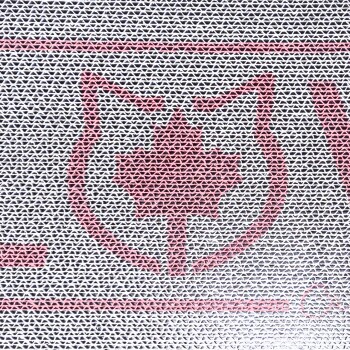 Eine Nahaufnahme einer strukturierten Oberfläche mit einer rosa Umrisslinie eines Katzenkopfes mit einem Ahornblatt in der Mitte, vor einem weißen Hintergrund.