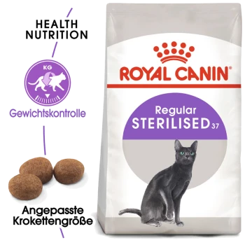 Royal Canin Regular Sterilised Katzenfutterbeutel mit einer schwarzen Katze, Futterstücken und Text, der gesunde Ernährung und Gewichtskontrolle hervorhebt.