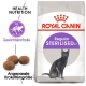 Royal Canin Regular Sterilised Katzenfutterbeutel mit einer schwarzen Katze, Futterstücken und Text, der gesunde Ernährung und Gewichtskontrolle hervorhebt.