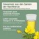 Nachtkerzenöl-Werbung: Glas mit Öl und gelben Blumen; Text: Aus Samen gewonnen; Omega-6/9; keine synthetischen Zusatzstoffe