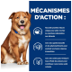 Hund mit einem blauen Halsband neben Text über die Mechanismen von Tiernahrung: einzigartiges Protein, bioaktive Stoffe und Omega-3-Fettsäuren.