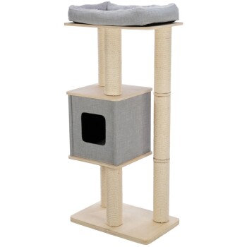 Katzenbaum mit einem gemütlichen grauen Bett oben, einem Kratzbaum und einem grauen, stoffbezogenen Versteck.