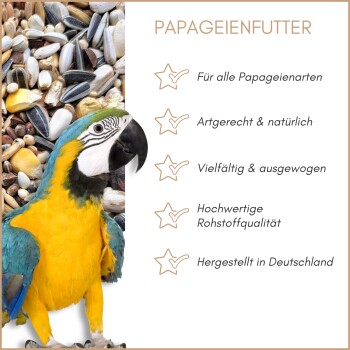 Papageienfutter mit gemischten Samen und Erdnüssen, Graupapagei, deutscher Text hebt Qualität und tägliche Fütterungsvorteile hervor.