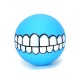 Ein blauer Gummiball mit einem cartoonhaften weißen grinsenden Gesicht, entworfen als verspieltes Haustierspielzeug.