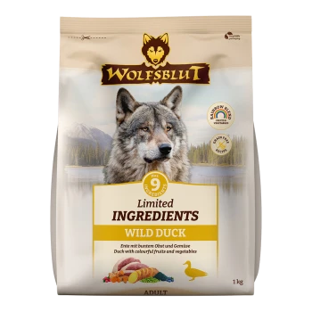 Wolfsblut Wild Duck Haustierfutterbeutel, mit einem Wolf-Logo, beschriftet 'Begrenzte Zutaten' mit 9 Zutaten, 1 kg Größe.