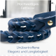 Dunkelblaue geflochtene Leder-Hundeleine mit goldener Schnalle, mit "Hochwertiges Fettleder" und "Unübertroffene Eleganz."