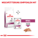 Royal Canin veterinärisches Nieren-Hundefutter, mit einer Tüte Trockenfutter und einer Dose Mousse, mit dem Text "Mischfütterung empfohlen mit."