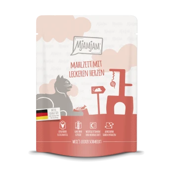 Mjamjam huisdiervoedingszak met een katten silhouet, tekst 'MAHLZEIT MIT LECKEREN HERZEN,' en Duitse kwaliteitsbadge, benadrukt hoog vleesgehalte.