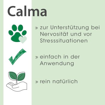 Produktbeschreibung Calma: Unterstützt Haustiere mit Nervosität und Stress, einfach zu verwenden und aus natürlichen Zutaten hergestellt.
