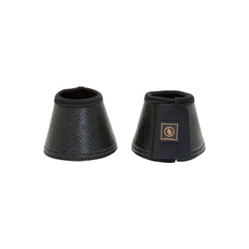 Schwarze Kunstleder-Hufglocken mit strukturiertem Finish, ausgestattet mit einem gepolsterten oberen Teil und einem Logo-Tag an der Seite.