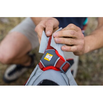 Eine Person passt ein grau-rotes Hundegeschirr an, mit Fokus auf der Schnalle mit einem Hundelogo, vor einem verschwommenen Hintergrund im Freien.