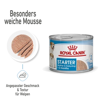 Royal Canin Starter-Hundefutterdose für Mutter und Welpen, mit weicher Mousse-Textur, geeignet für 1-2 Monate alte Welpen.