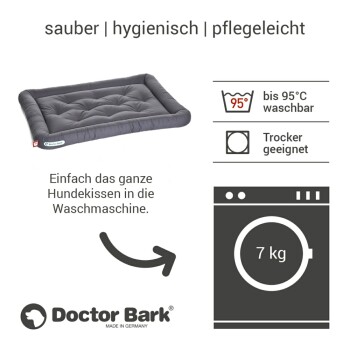 Grau gefärbtes Hundebett mit gepolstertem Design, beschriftet mit "Doctor Bark", mit Waschhinweisen: maschinenwaschbar bis 95°C und trocknergeeignet.