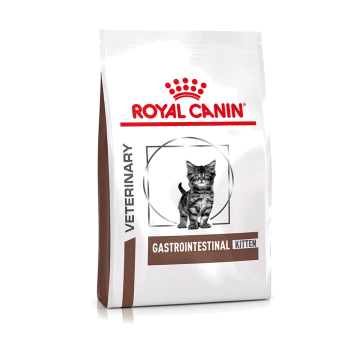 Royal Canin Veterinary Gastrointestinal Kitten Trockenfutterbeutel mit einem Bild eines schwarz-weißen Kätzchens und rotem Kronenlogo.