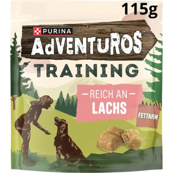 Verpackung von Purina AdVENTUROS Hundesnacks mit einer Person, die einen Hund im Wald trainiert, beschriftet mit "Reich an Lachs" und "Fettarm."