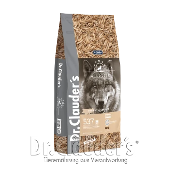 Dr. Clauder's Wildlife Haustierfutterbeutel mit dem Gesicht eines Wolfes, mit Text, der "INSEKT" und Nährwertinformationen hervorhebt: 26% Protein, 10% Fett.