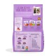 Sac violet pour chiots montrant le titre français « LE BON DÉPART POUR VOTRE CHIOT », photo de chien, tableau d'alimentation et icônes