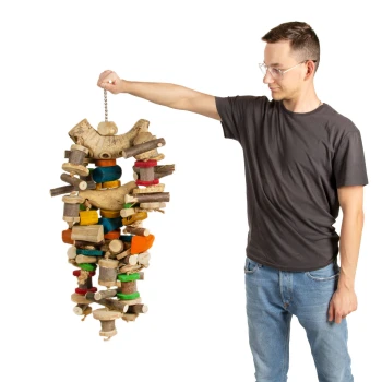 Eine Person hält ein buntes Holzspielzeug für Vögel, das aus verschiedenen Formen und Größen besteht, mit natürlichem Holz und lebhaft bemalten Teilen.