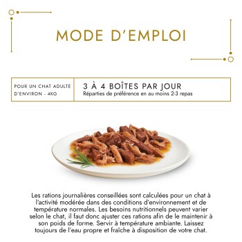 Nourriture humide effilochée pour chat sur assiette blanche avec du romarin ; texte français « MODE D'EMPLOI » et « 3 À 4 BOÎTES PAR JOUR. »