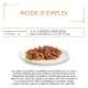 Nourriture humide effilochée pour chat sur assiette blanche avec du romarin ; texte français « MODE D'EMPLOI » et « 3 À 4 BOÎTES PAR JOUR. »