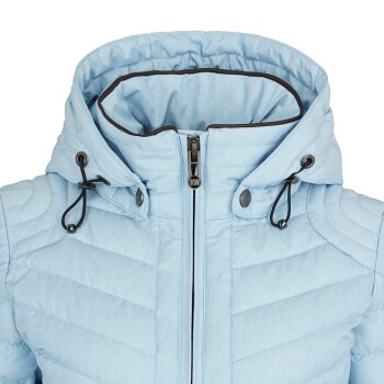 Helle blaue Haustierjacke mit einem Reißverschluss vorne, verstellbarem Kapuzen und gestepptem Design, geeignet für kleine Hunde oder Katzen.