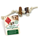 Hundekauspielzeug aus natürlichen Materialien, mit zwei Holzstöcken, die an einem Seil befestigt sind. Das Etikett lautet 'Kauseil+ Hirschgeweih, 100% Naturprodukt.'