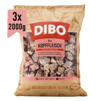 DIBO Kopffleisch-Hundefutterverpackung, mit gemischtem Kopf-Fleisch, 2000 g, mit Text, der ausgewogene Ernährung für gesunde Knochen hervorhebt.