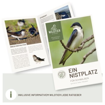 Broschüre "Ein Nistplatz für Schwalben" mit einer Schwalbe auf einem Ast, die "WILDTIER LIEBE" und "NATUR BRAUCHT EIN ZUHAUSE" zeigt.