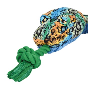Buntes plüschiges Schlangenspielzeug für Hunde mit einem grünen Seilschwanz, das einen gemusterten Kopf in Blau, Grün und Orange zeigt.