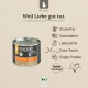 Dose Liebesgut-Katzenfutter mit der Aufschrift „Weil Liebe gut tut.“ und Symbolen: Glutenfrei, Getreidefrei, Laktosefrei, Extra Taurin, Single-Protein und Bio-Siegel.
