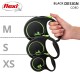 Image of three Flexi retractable dog leashes in black design, sizes XS, S, and M, held by a hand, showcasing their ergonomic grips.
