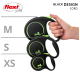 Image of three Flexi retractable dog leashes in black design, sizes XS, S, and M, held by a hand, showcasing their ergonomic grips.