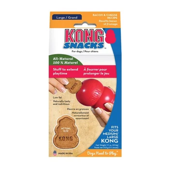 Snacks Bacon & Cheese L KONG Snacks für Hunde, mit einem roten KONG-Spielzeug und einem KONG-förmigen Leckerli. Der Text hebt '100% natürlich', 'fettarm' und 'passt zu Ihrem mittelgroßen/großen KONG' hervor.