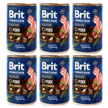 Sechs Dosen Brit Premium by Nature Hundefutter, beschriftet "Schweinefleisch mit Luftröhre", mit Bildern von Schweinefleisch und Rosmarin, auf einem blauen Hintergrund.