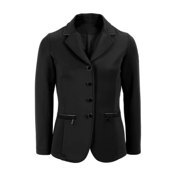 Schwarze taillierte Jacke mit Reverskragen, fünf Knöpfen und zwei Reißverschlusstaschen, die ein schlankes und modernes Design zeigt.