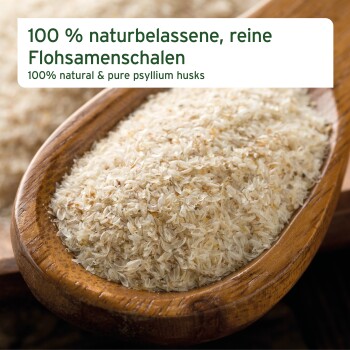 100 % natürliche und reine Flohsamenschalen in einem Holzlöffel, mit deutschem Text, der "100 % naturbelassene, reine Flohsamenschalen" besagt.