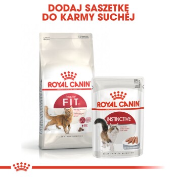 Opakowanie Royal Canin pokazujące torebkę suchej karmy Regular Fit dla kotów i saszetkę mokrej karmy Instinctive, z tekstem "DODAJ SASZETKĘ DO KARMY SUCHEJ" powyżej.