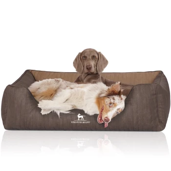 Ein gemütliches braunes Hundebett mit einem Logo, das "KNUFFELWUFF" liest, mit einem entspannten Hund, der bequem darauf liegt.