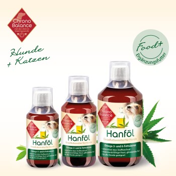 Flaschen mit Hanföl für Hunde, beschriftet mit 'Chrono Balance', die die Vorteile von Omega-3- und Omega-6-Fettsäuren hervorheben.